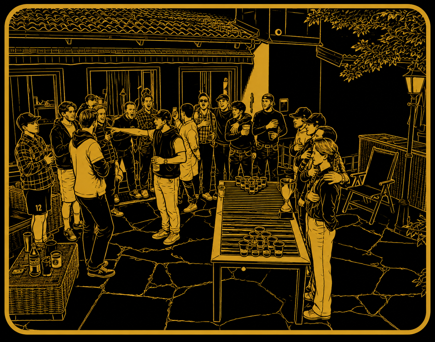 Beeroupa stylized gathering around a beer pong table